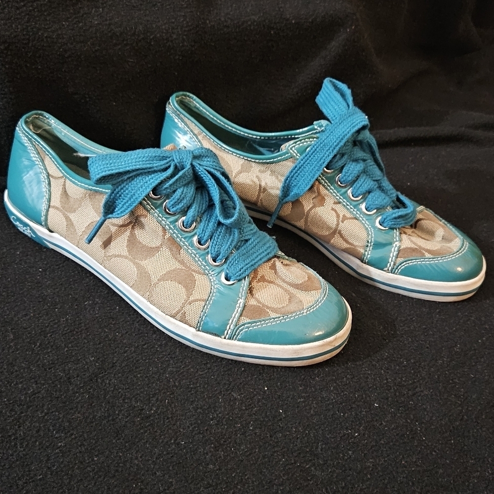 Coach Khaki & Teal Signature Sneakers Size 7B